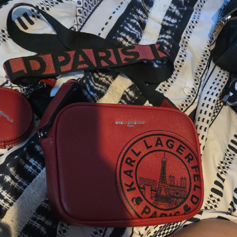 Karl Lagerfeld Red Leather Crossbody with Black Logo Patch and Strap